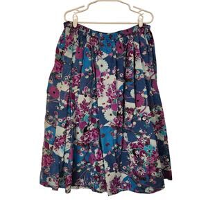 Vintage Brownstone Studio Blue Cotton Floral Boho Knee Length A-Line Skirt 2X